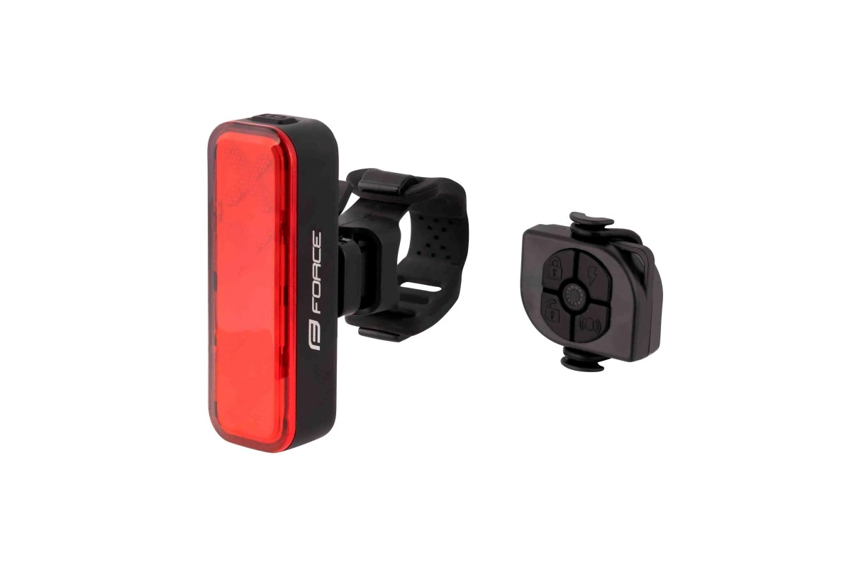 Luz trasera para bicicleta Force Alarm 300LM con 36 LEDs COB, 300 lúmenes, sensor de frenada automático, alarma antirrobo, bocina y mando a distancia. Carga USB-C, IP65 y hasta 30h de autonomía. Instalación universal en tija, sillín o portaequipajes.