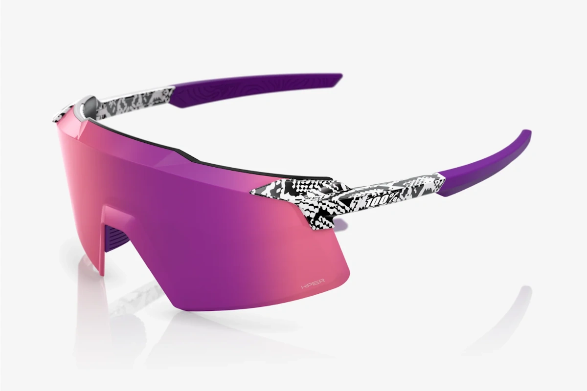 Gafas de ciclismo 100% Aerocraft Elly 3 White Venom- Purple Mirror Lens: lente escudo freeform Ultra HD con tecnología 3DPlane Molded, montura sin marco en TR90, visión 360°, protección UV400 y tratamiento hidrofóbico