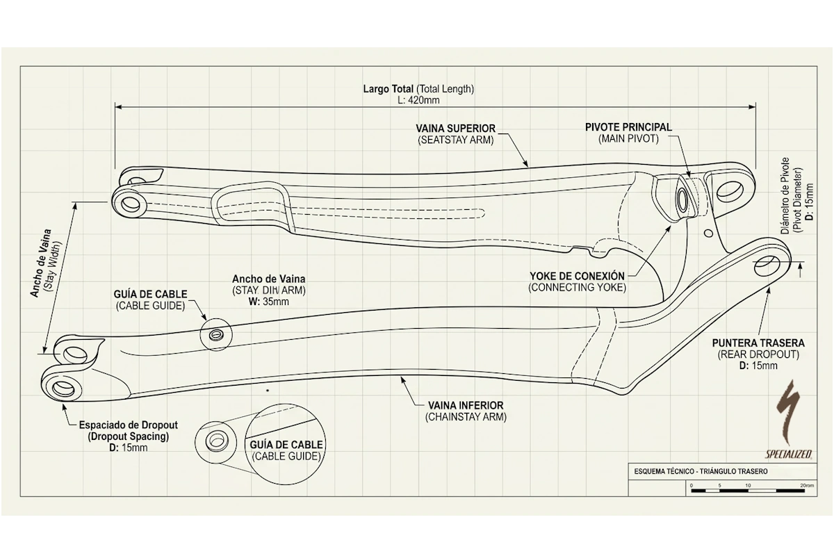 Esquema técnico ilustrativo triángulo trasero vaina inferior chainstay Specialized (imagen orientativa, no oficial de S191500006, material real: aleación)