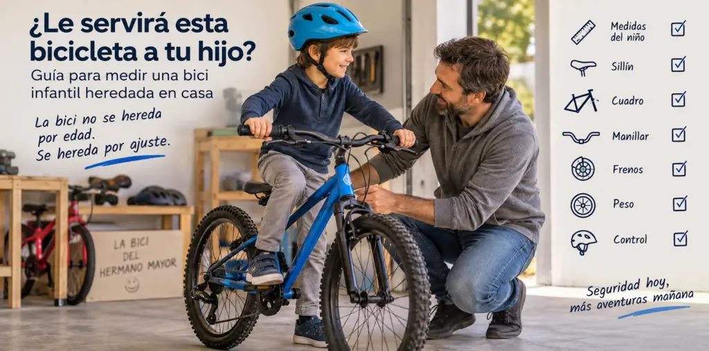 Niño comprobando el ajuste y la talla de una bicicleta infantil heredada antes de utilizarla