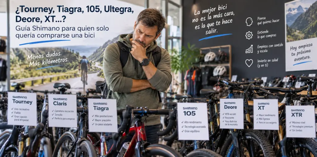 Comprador comparando bicicletas y grupos Shimano Tourney, Claris, Tiagra, 105, Deore, XT y XTR antes de elegir su primera bicicleta