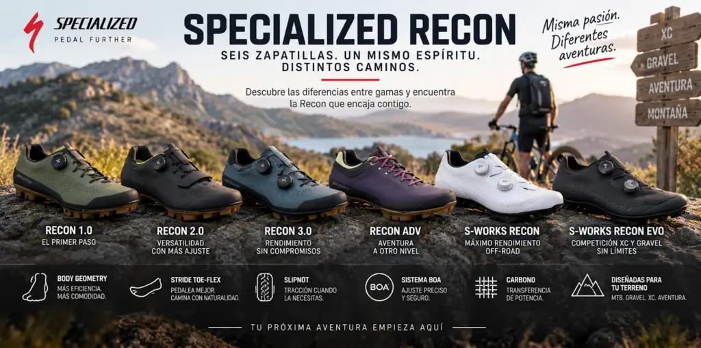 Diferencias entre zapatillas Specialized Recon 1.0, 2.0, 3.0, ADV, S-Works Recon y S-Works Recon EVO para MTB y gravel