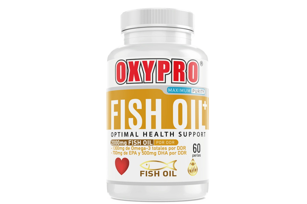 "Bote de perlas Fish Oil Omega 3 OXYPRO, suplemento de EPA y DHA"