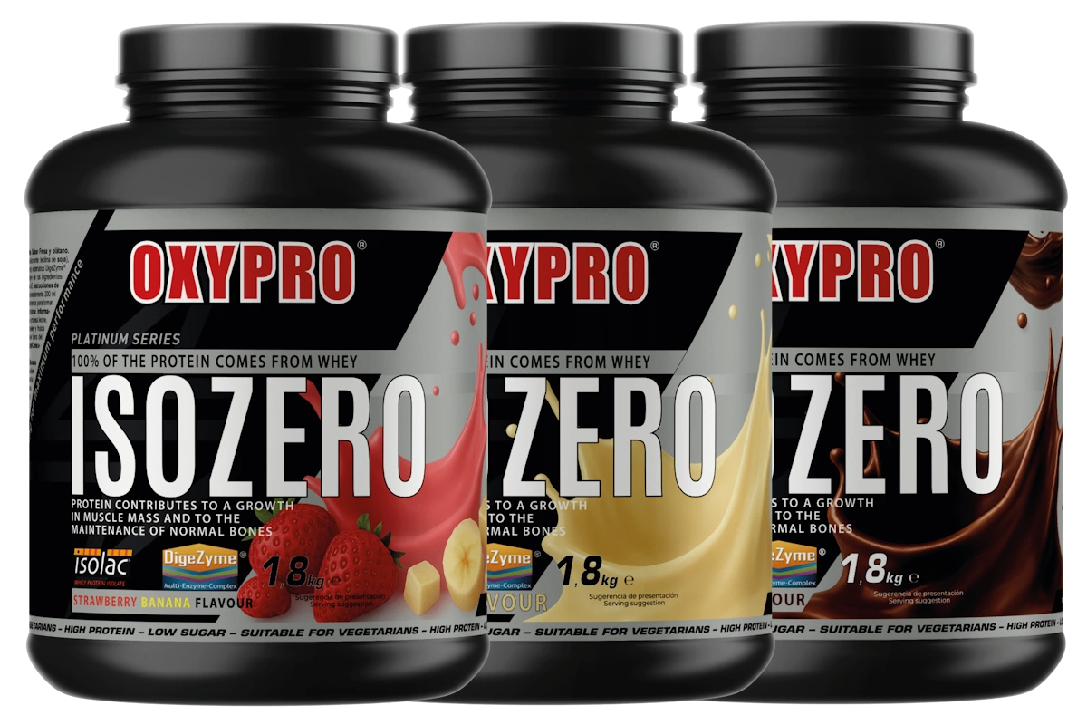 Bote de proteína ISOZERO ISOLAC Platinum Series OXYPRO, sabor chocolate