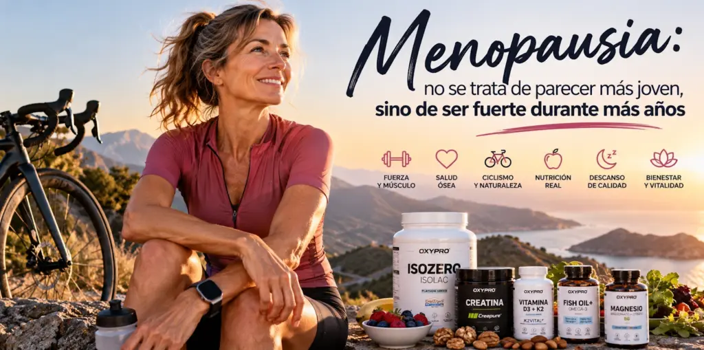 Mujer ciclista durante la menopausia practicando un estilo de vida activo basado en fuerza, ejercicio, nutrición, descanso y bienestar.