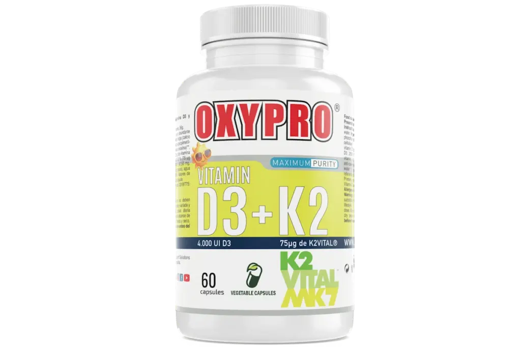 "Bote de cápsulas Vitamina D3 más K2 MK7 K2VITAL OXYPRO"