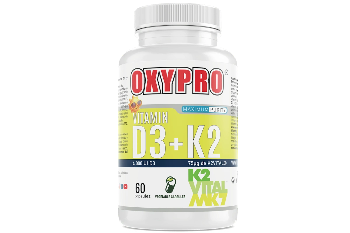 "Bote de cápsulas Vitamina D3 más K2 MK7 K2VITAL OXYPRO"